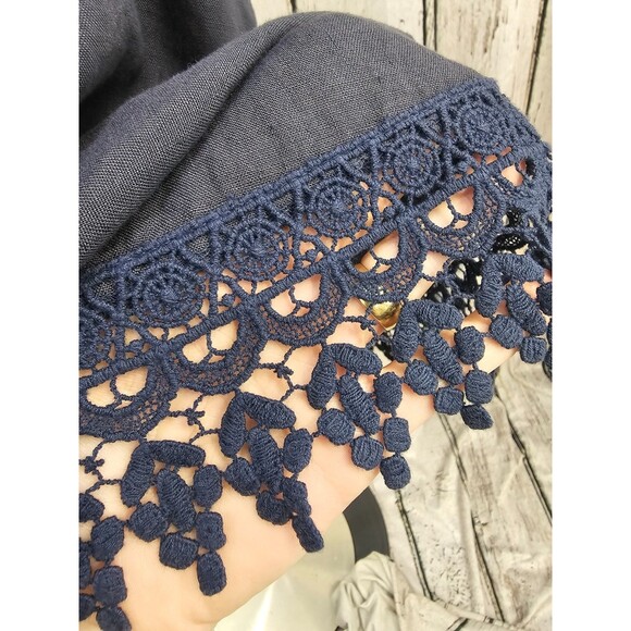 ALK Women's XS Rosemarine Navy Blue Crochet Hem 100% Linen Tie Back Shift Dress - Picture 2 of 6